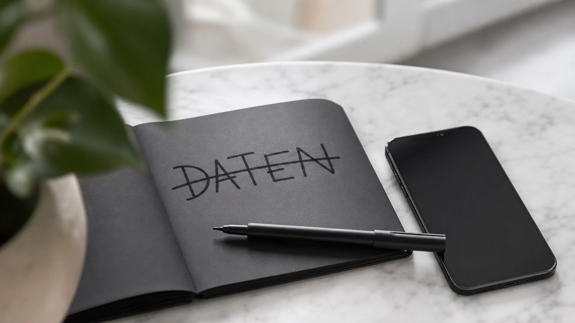 Notizbuch mit dem durchgestrichenen Wort Daten liegt neben einem Smartphone