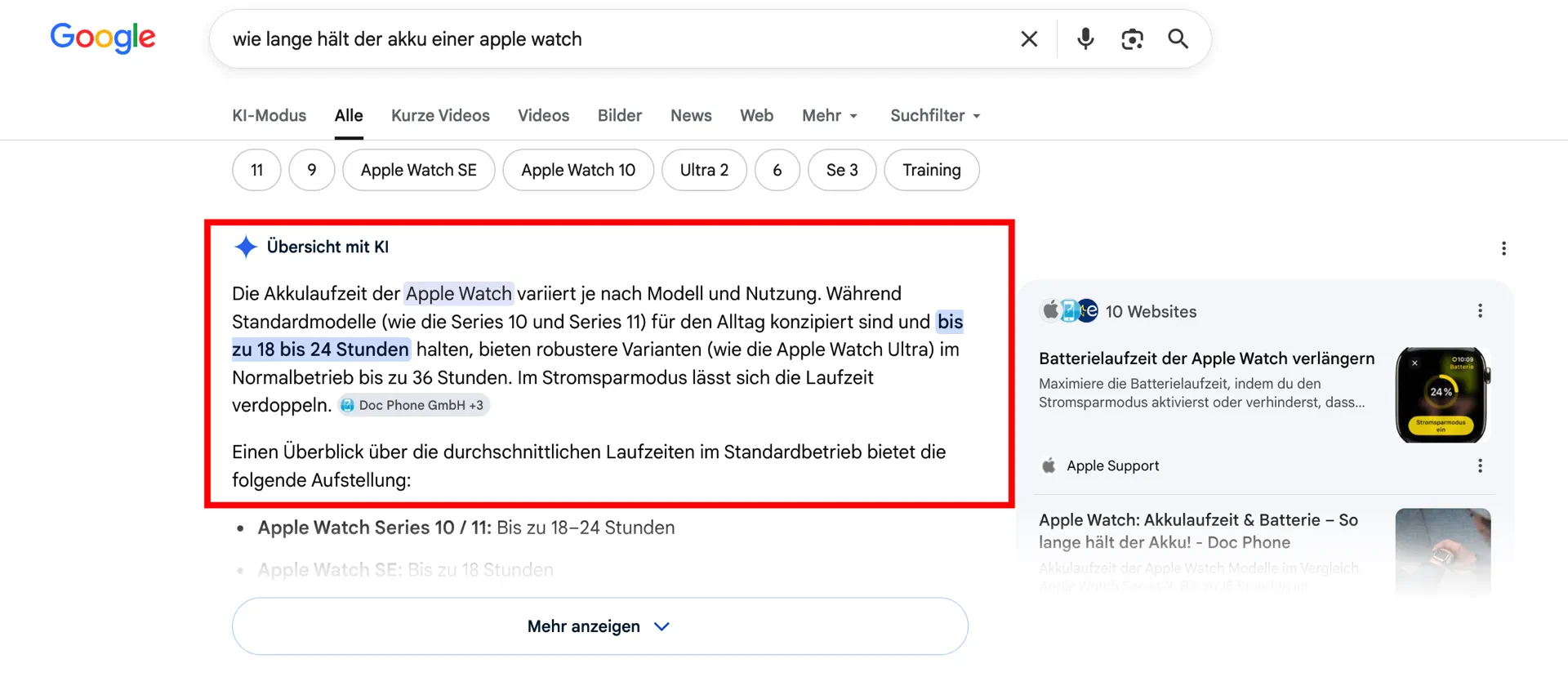 Screenshot der Google-Suche mit KI-Antwort