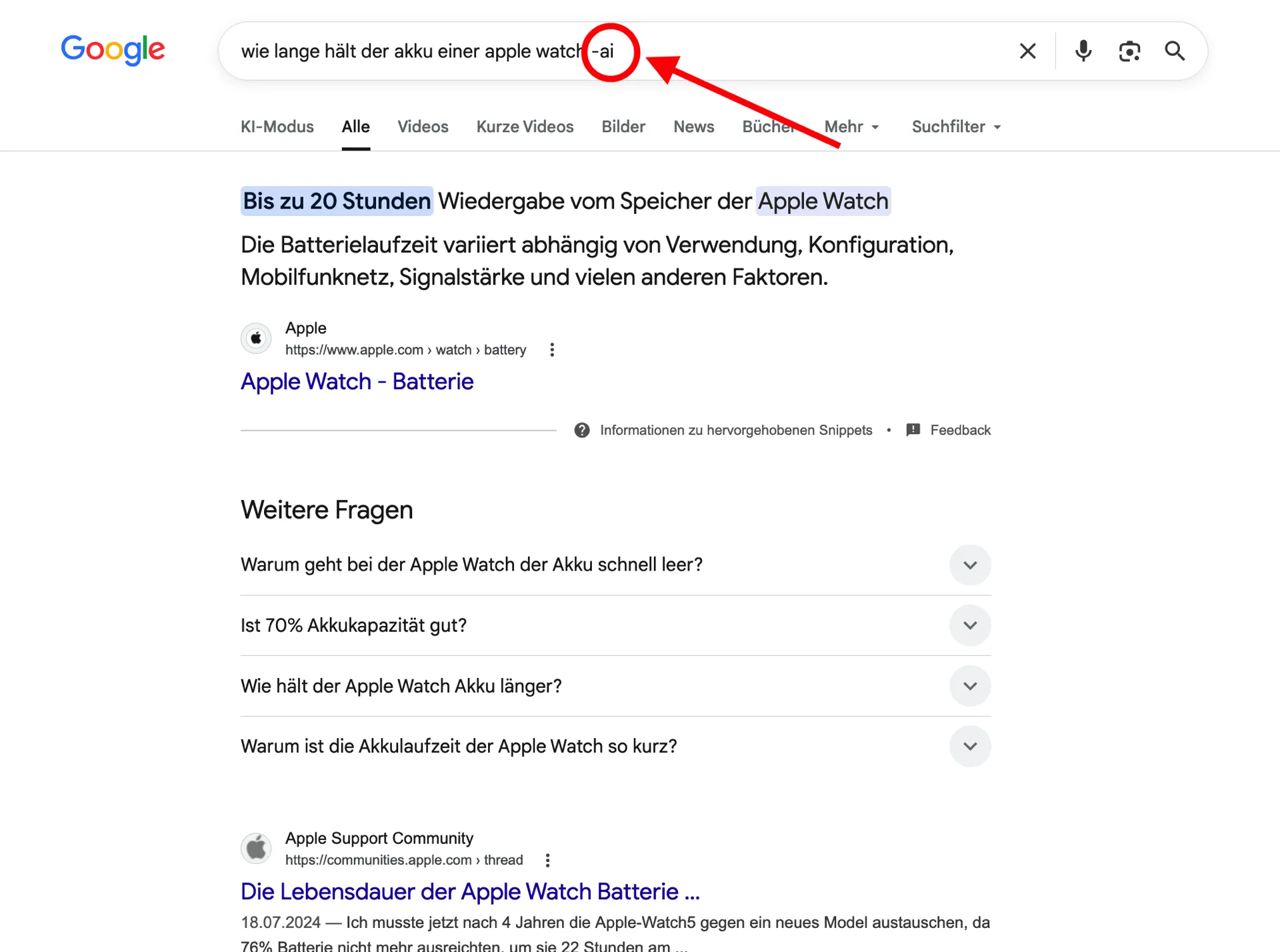 Google Suche mit dem Zusatz -ai hinten am Suchwort