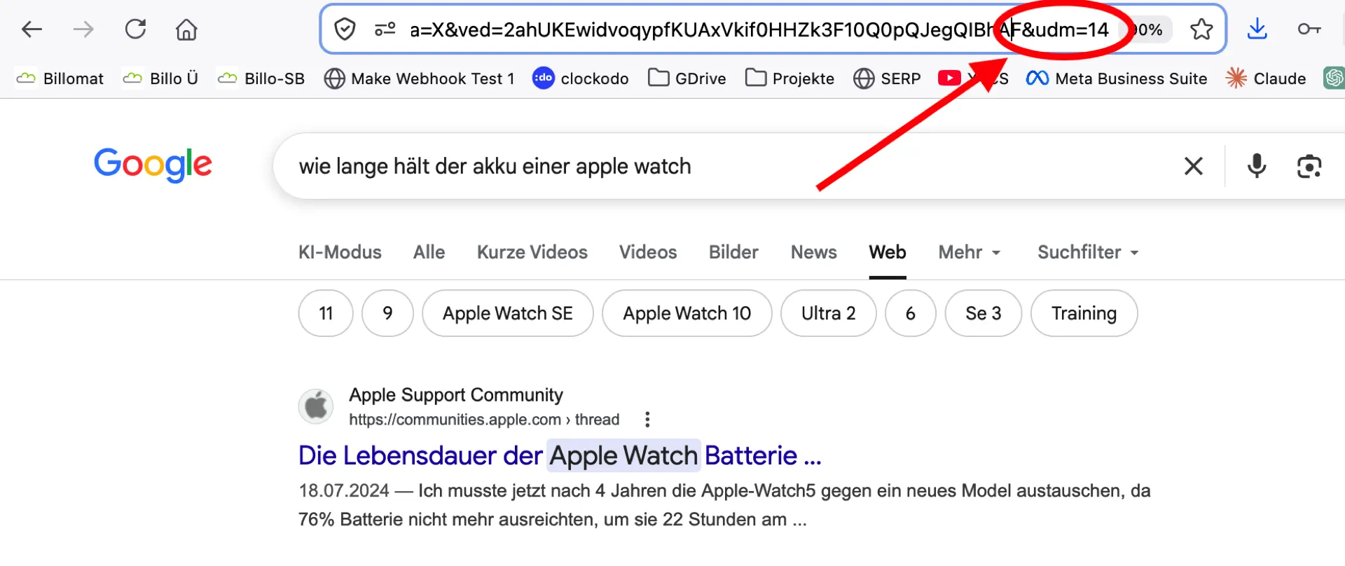 Google-Suche mit Parameter udm=14