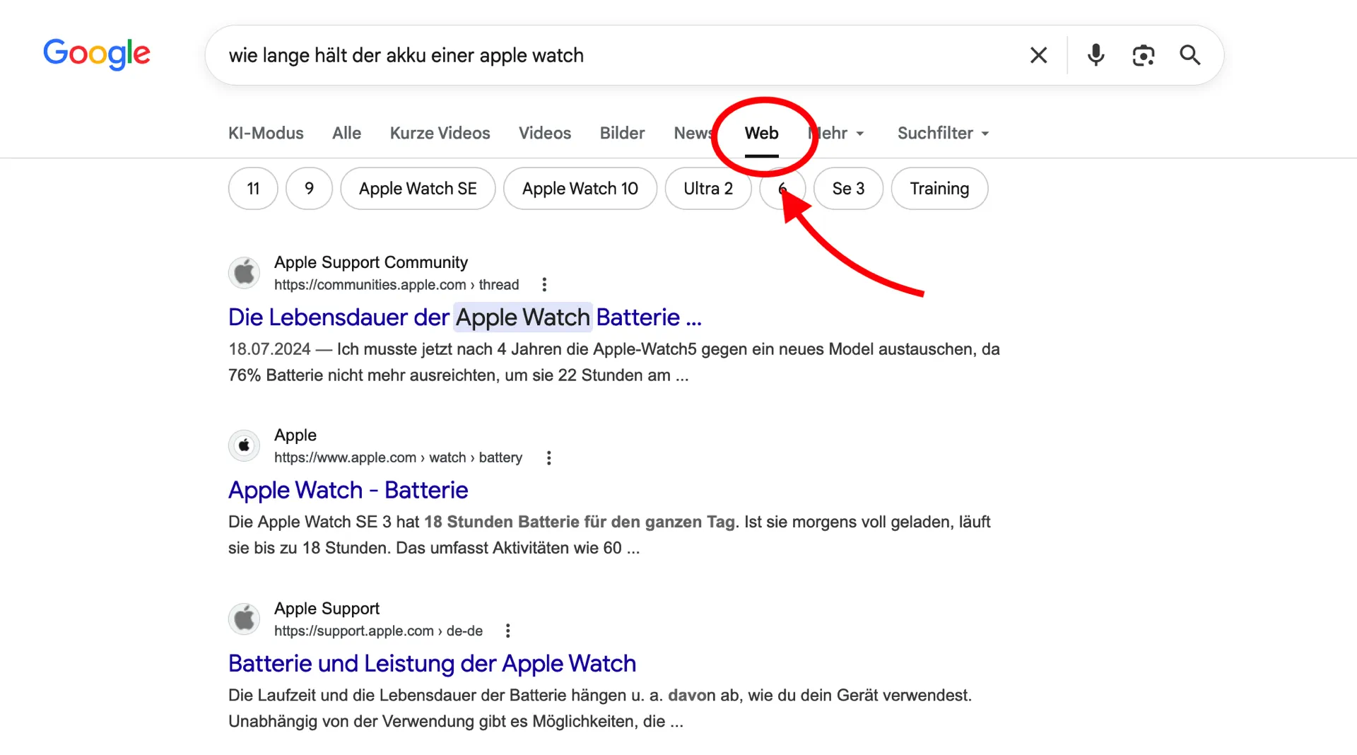 Google Suche im Web-Modus