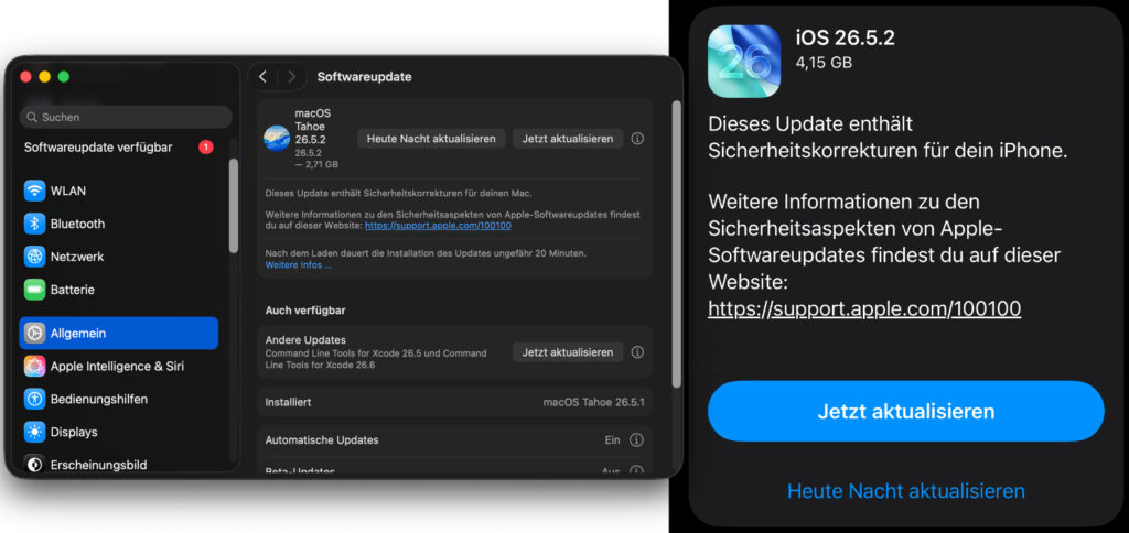 In den Einstellungen (iPhone, iPad) bzw. in den Systemeinstellungen (Mac) findet man die Aktualisierung für mehr Sicherheit unter Allgemein -> Softwareupdate.