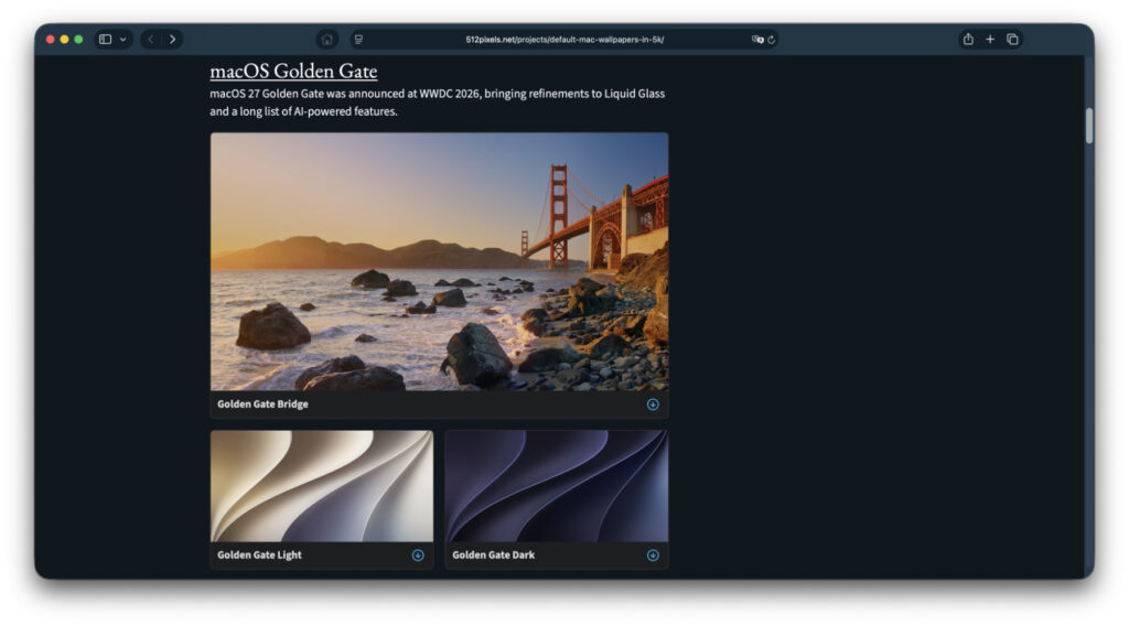 Hochauflösende Mac-Wallpaper von Mac OS X 10.0 bis zur aktuellen Beta von macOS 27 Golden Gate gibt's bei 512pixels.