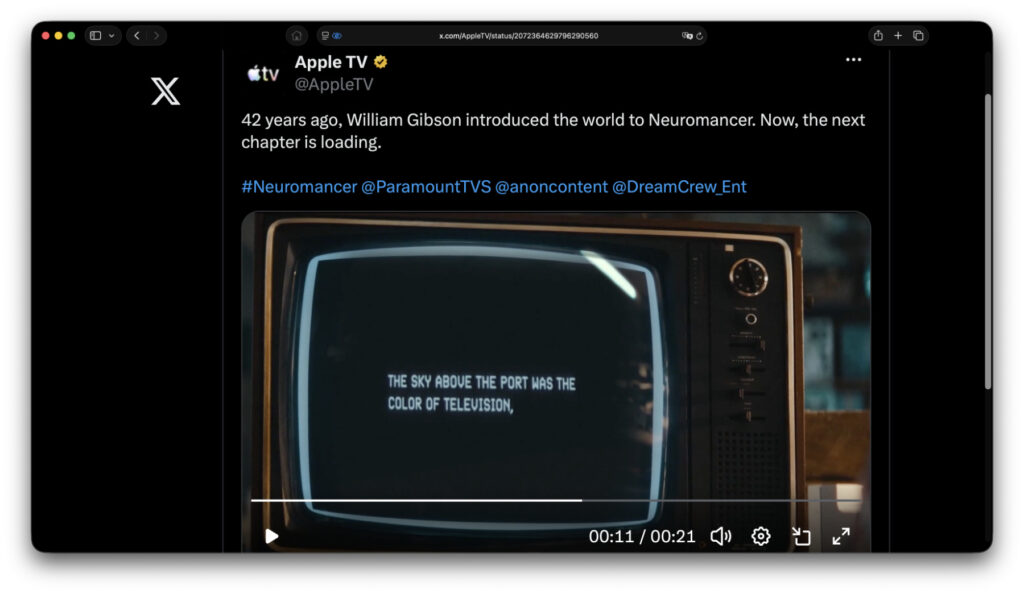 Ein Teaser auf X kündigt die Serie Neuromancer auf Apple TV an. Deren Produktion scheint nun abgeschlossen zu sein.